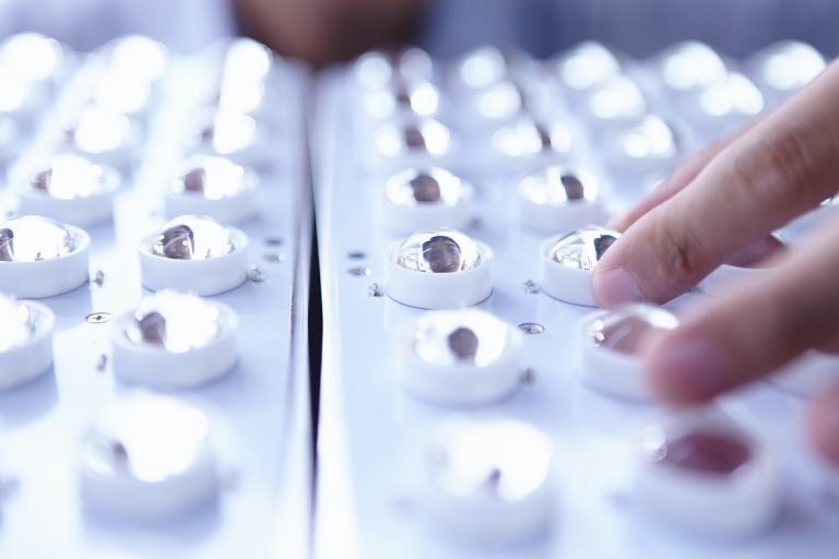 LED bulbs in factory, close up